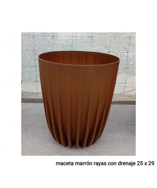 MACETA MARRON RAYAS CON DRENAJE ( 25 X 29 CM)
